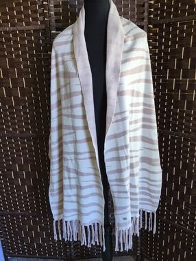 Soia & Kyo Soft Beige Knit Shawl with Subtle Taupe Zebra Stripes